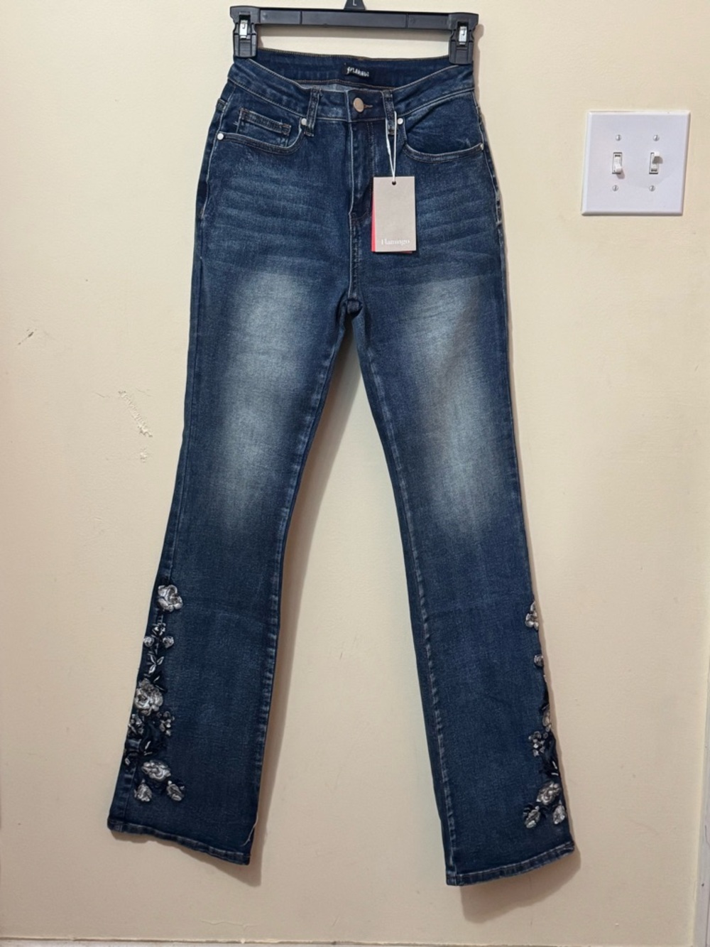 Embroidered Dark Blue Flare Jeans with Side Floral Detail